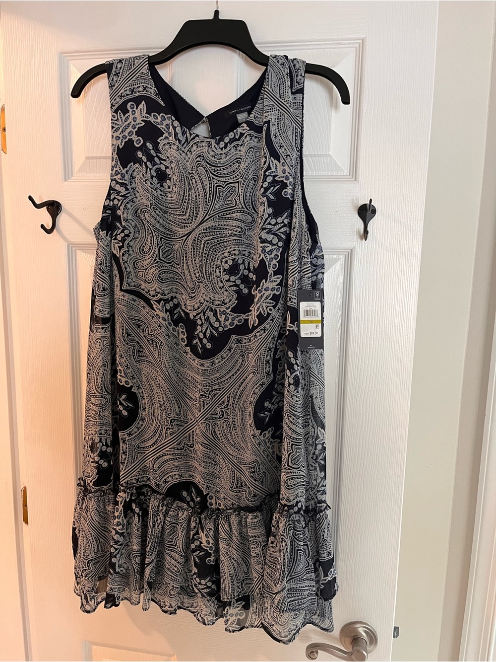 Tommy Hilfinger Sleeveless Navy Paisley Print Ruffle-Hem Dress
